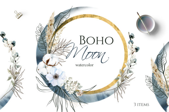 Boho Floral Frame with Blue Moon for Weddings