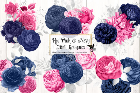 Hot Pink and Navy Floral Bouquets