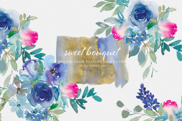 Watercolor Blue Pink Floral Clipart Set